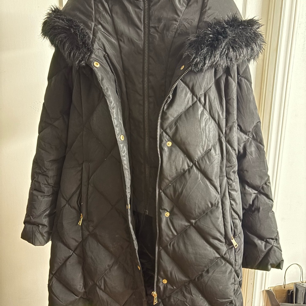 Ralph Lauren Black Quilted Puffer Coat with Faux Fur